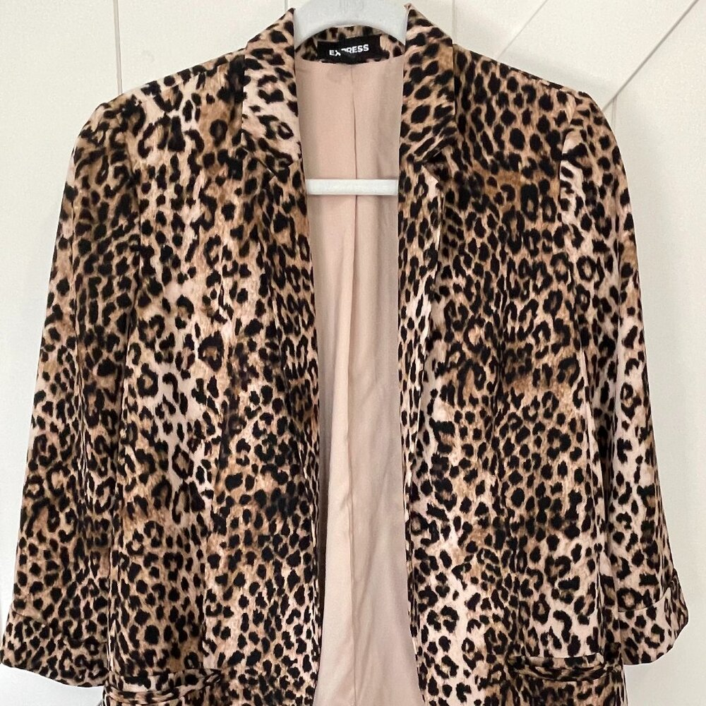 Express Blazer Jacket 3/4 Sleeves Open Front Leopard Print Brown Womens Medium
